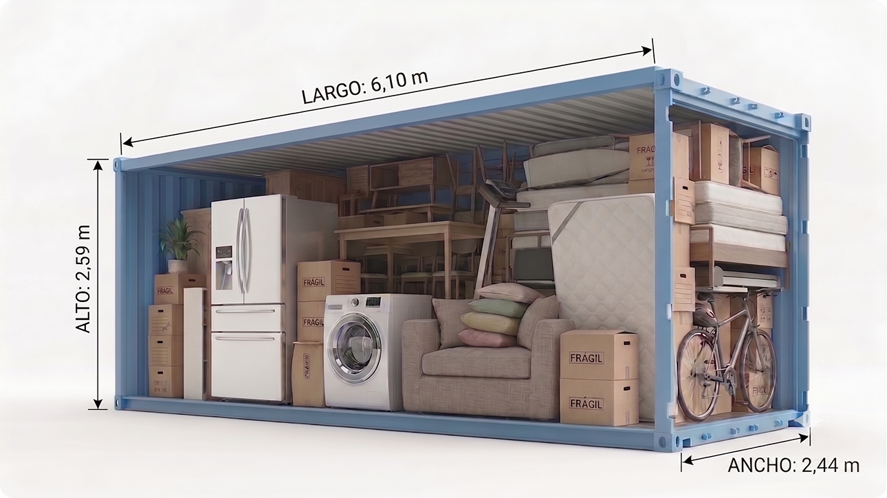 Depósito de self storage con medidas: largo 6,10 m, alto 2,59 m y ancho 2,44 m, lleno de muebles, electrodomésticos, cajas y una bicicleta